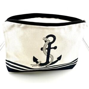 Navy Blue & Ivory Stripe Anchor Canvas Clutch 9"x7" Cosmetic Makeup Storage Bag